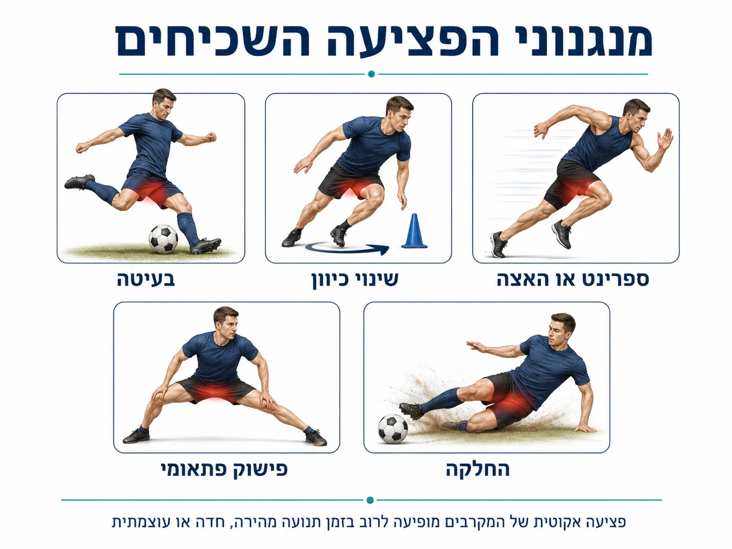 אינפוגרפיקה של חמישה מנגנוני פציעה שכיחים במקרבים: בעיטה, שינוי כיוון, ספרינט או האצה, פישוק פתאומי והחלקה — עם הדגשה של אזור המפשעה הפנימי