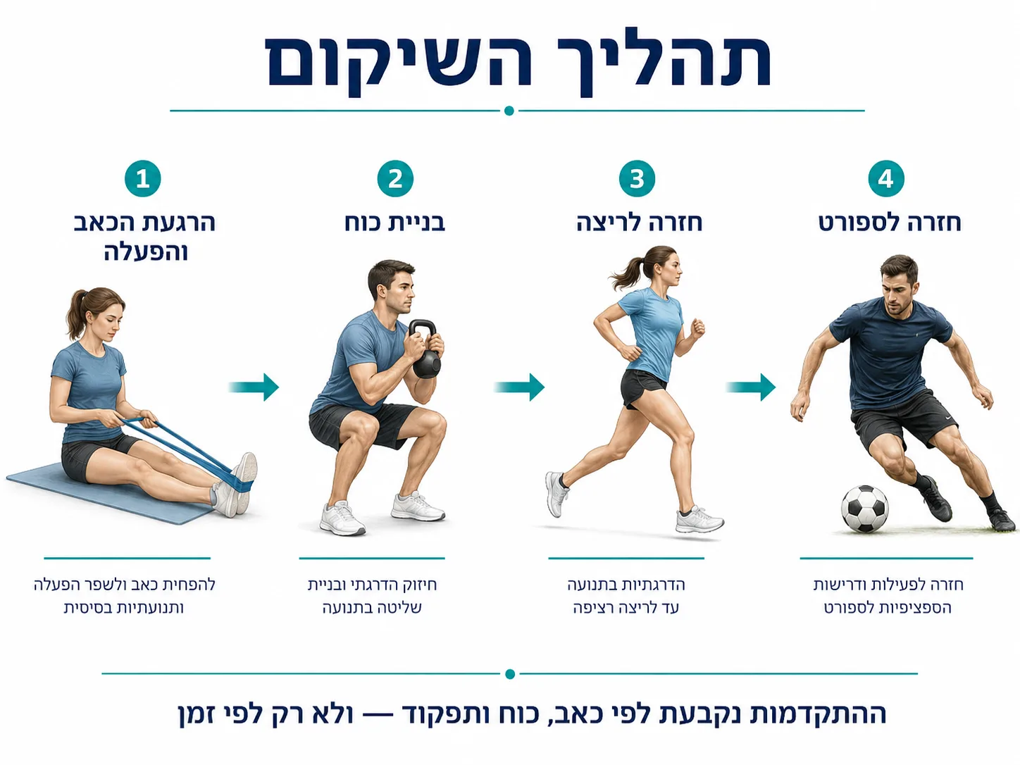 אינפוגרפיקה של ארבעת שלבי השיקום בפציעת מקרבים: הרגעת הכאב והפעלה, בניית כוח, חזרה לריצה וחזרה לספורט