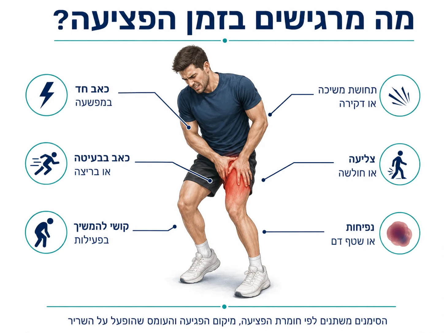 אינפוגרפיקה של תסמינים אפשריים בזמן פציעת מקרבים: כאב חד במפשעה, תחושת משיכה או דקירה, כאב בבעיטה או בריצה, צליעה או חולשה, קושי להמשיך בפעילות ונפיחות או שטף דם