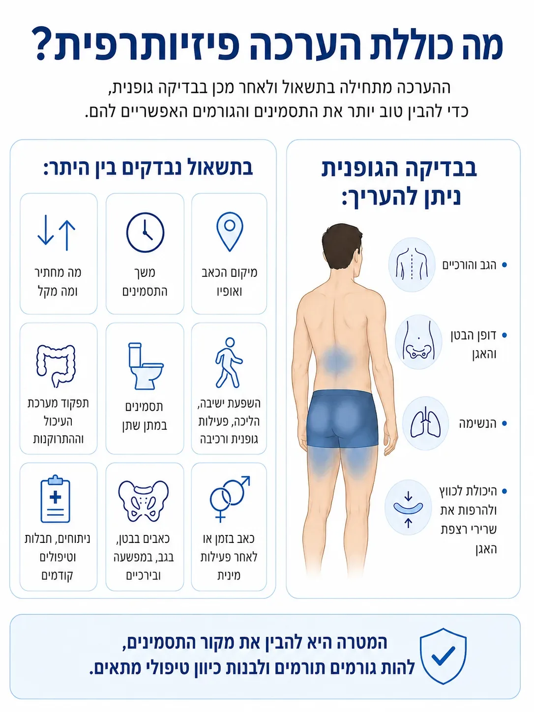 אינפוגרפיקה של ההערכה הפיזיותרפית ב־CP/CPPS: בצד אחד תשעה נושאים שנבדקים בתשאול — מיקום הכאב ואופיו, משך התסמינים, מה מחמיר ומה מקל, השפעת ישיבה והליכה, תסמינים במתן שתן, תפקוד מערכת העיכול, כאב בפעילות מינית, כאבים בבטן ובגב וניתוחים קודמים; ובצד השני מה שנבדק בבדיקה הגופנית — הגב והירכיים, דופן הבטן והאגן, הנשימה והיכולת לכווץ ולהרפות את רצפת האגן