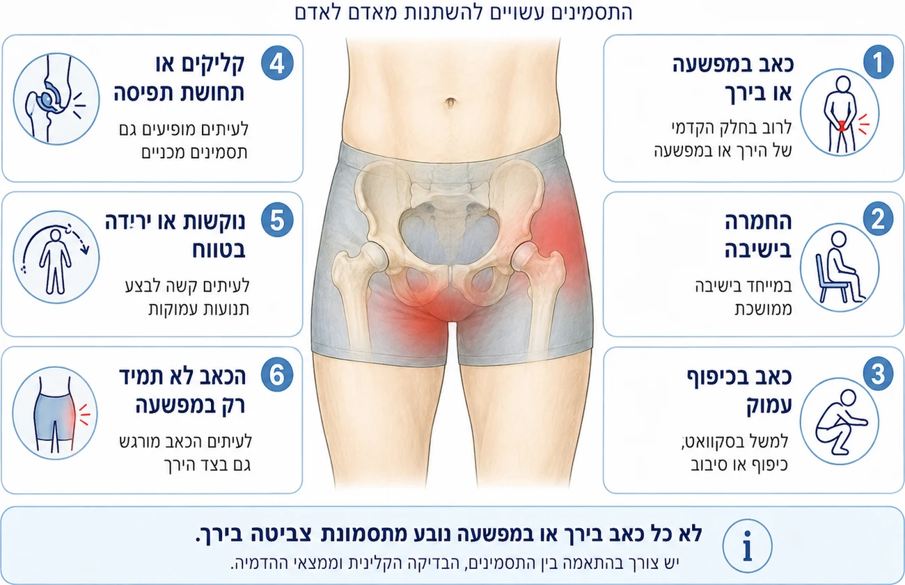 אינפוגרפיקה של שישה תסמינים אפשריים בתסמונת צביטה בירך: כאב במפשעה או בירך, החמרה בישיבה, כאב בכיפוף עמוק, קליקים או תחושת תפיסה, נוקשות או ירידה בטווח, וכאב שאינו תמיד רק במפשעה